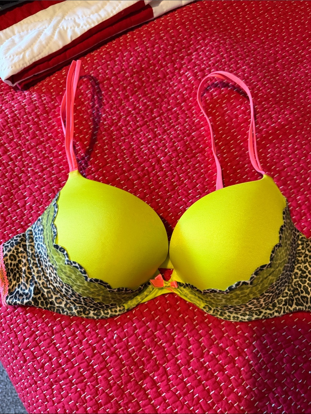 Victoria's Secret Neon Yellow Push-Up Bra with Pink Straps and Leopard Lace